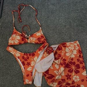 size small tropical print bikini with cover up skirt